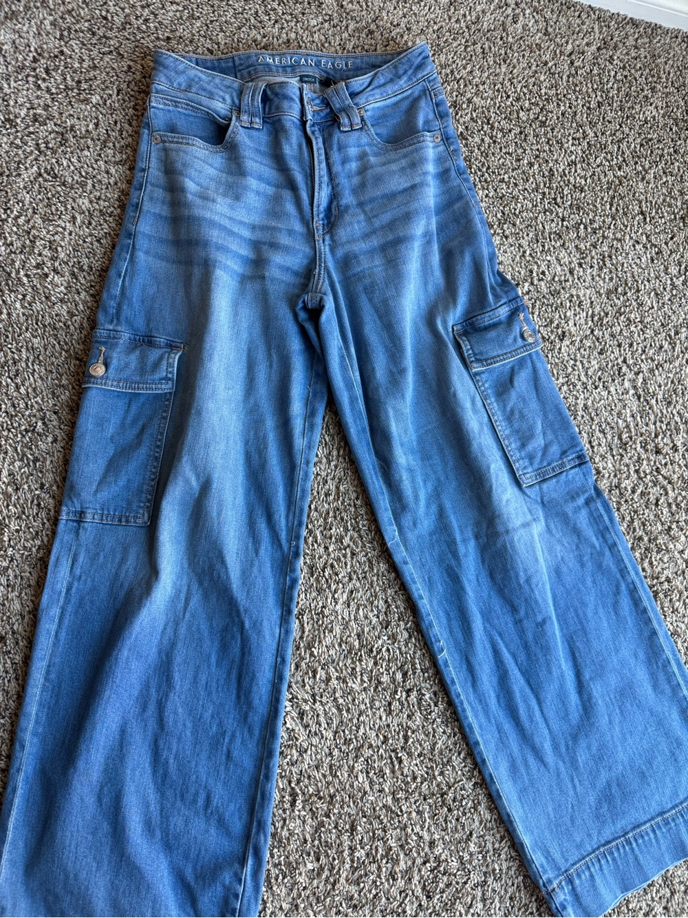 American Eagle Outfitters womens Blue Cargo Wide-Leg Jeans